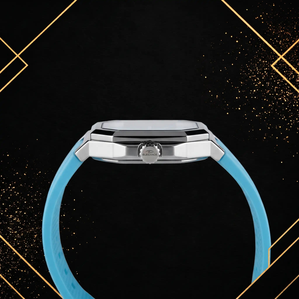 Side profile view of the Elegance sky blue quartz watch, showing the polished silver stainless steel case thickness, side crown, and strap connection on a black and gold luxury background.