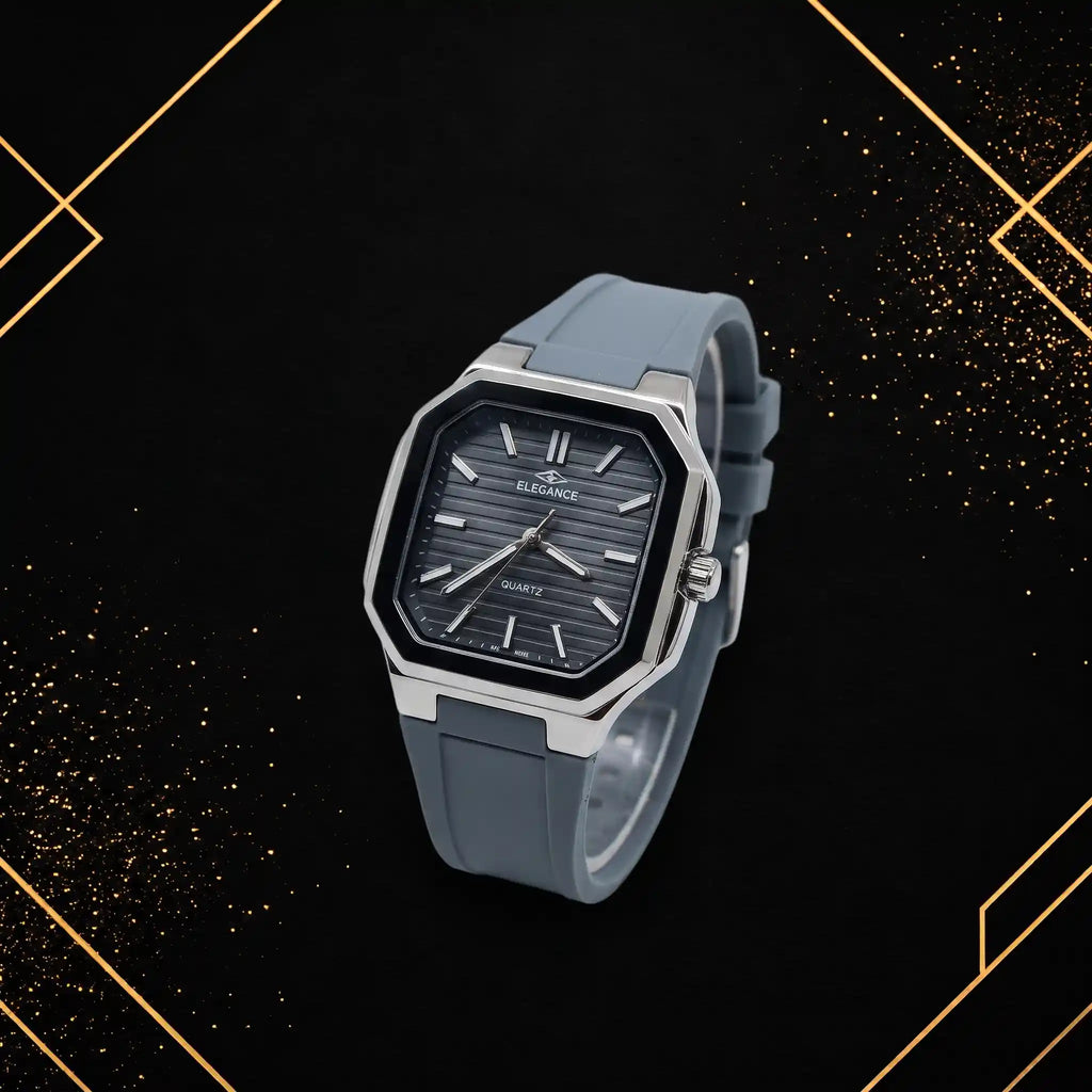 Elegance modern square analog watch displayed at a 45-degree angle, highlighting the polished metallic silver bezel, textured grey dial, and comfortable dark grey rubber strap.