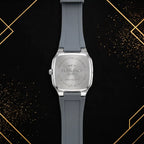 Rear view of the Elegance luxury quartz watch displaying the stainless steel case back, specifications engravings, and durable grey silicone strap.