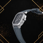Side profile shot of the Elegance square quartz wristwatch emphasizing the case thickness, metallic finish, detailed crown, and secure strap attachment.