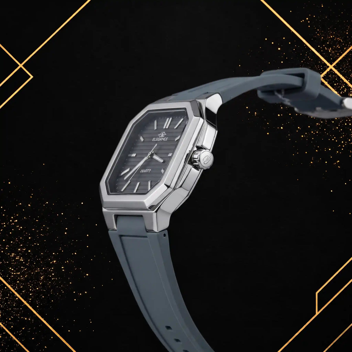Side profile shot of the Elegance square quartz wristwatch emphasizing the case thickness, metallic finish, detailed crown, and secure strap attachment.
