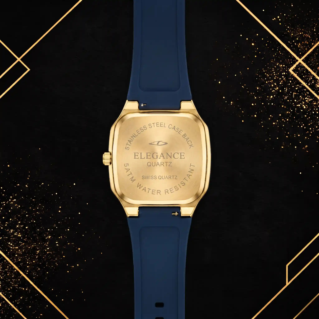 Rear view of the Elegance luxury watch showing the gold stainless steel case back and full navy strap.