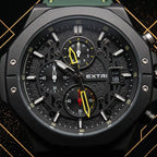 Macro close-up shot of the Extri men's watch dial displaying detailed chronograph subdials, date window, yellow hands, and textured black background.