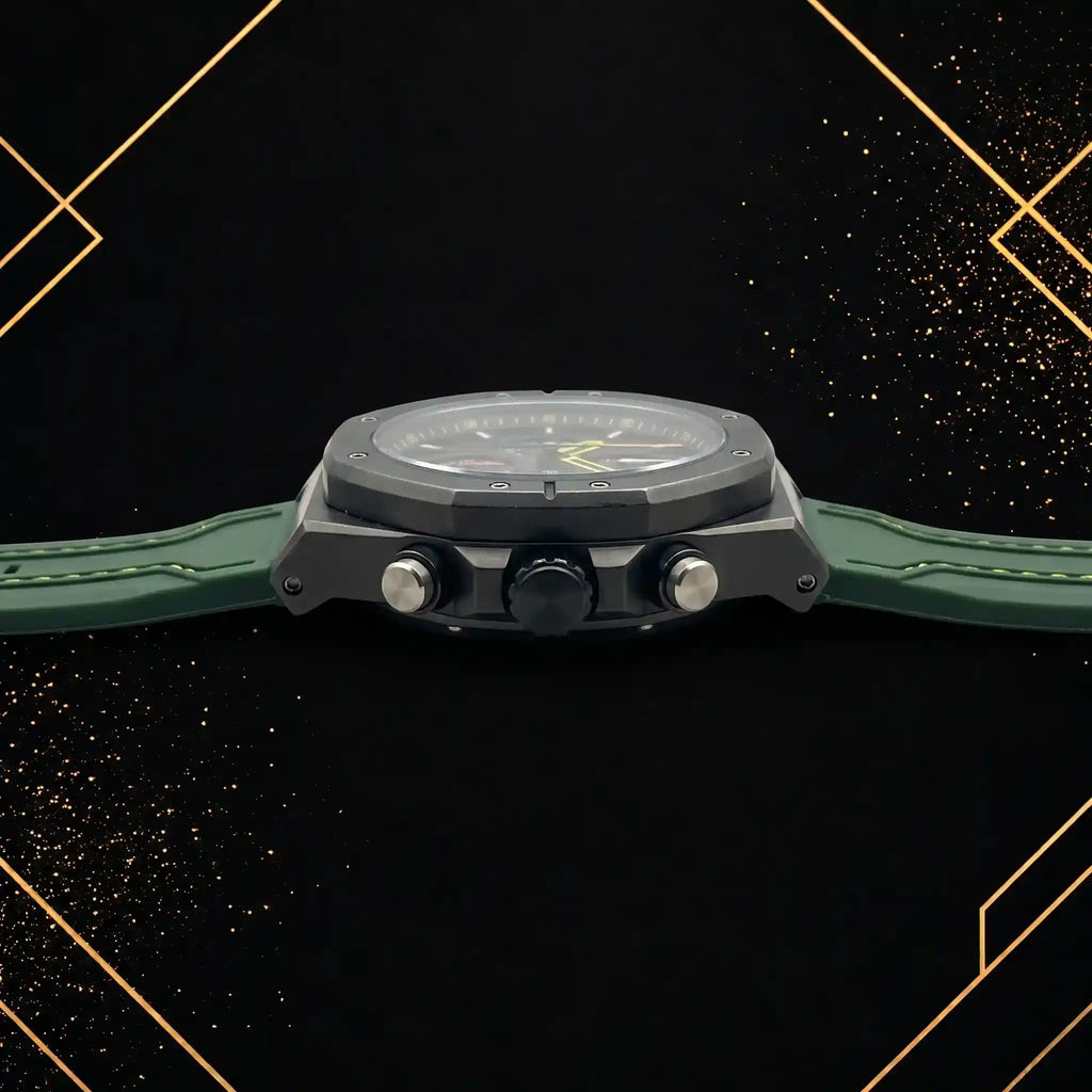 Side profile of the Extri men's black chronograph watch showcasing the crown, pushers, durable matte black stainless steel case, and green silicone strap.