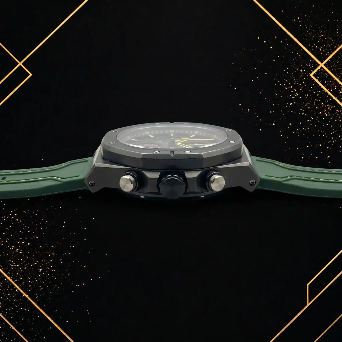 Side profile of the Extri men's black chronograph watch showcasing the crown, pushers, durable matte black stainless steel case, and green silicone strap.