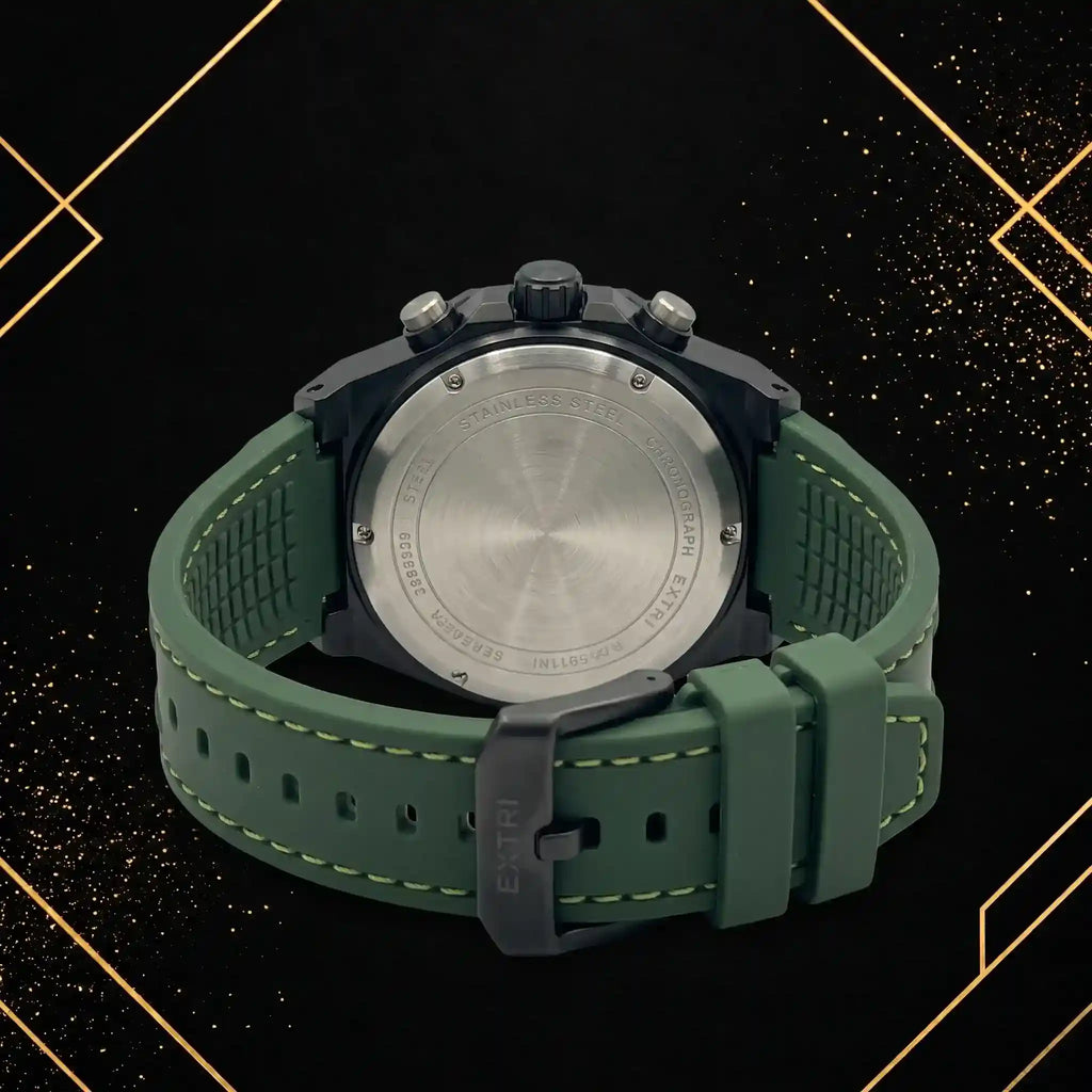 Rear view of the Extri men's watch showing the stainless steel caseback details, branded buckle clasp, and textured green rubber strap.