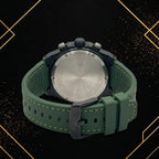 Rear view of the Extri men's watch showing the stainless steel caseback details, branded buckle clasp, and textured green rubber strap.
