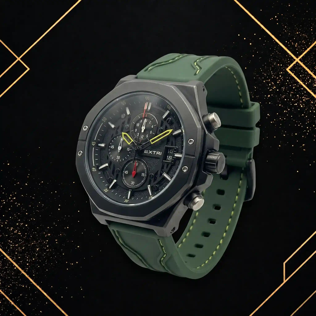 Three-quarter 45-degree angle view of the Extri chronograph watch for men, highlighting its octagonal bezel, textured dial, and green rubber band.