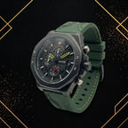 Three-quarter 45-degree angle view of the Extri chronograph watch for men, highlighting its octagonal bezel, textured dial, and green rubber band.
