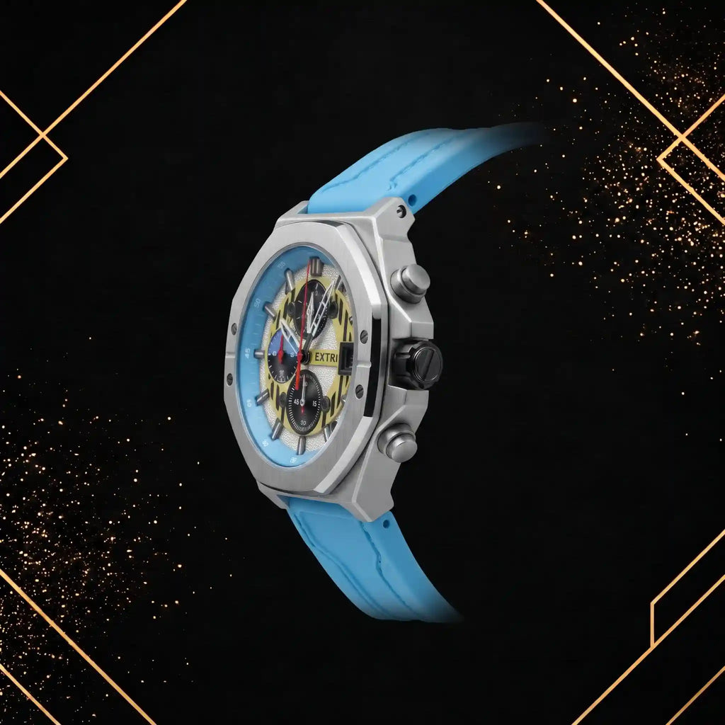 Side profile view of the Extri chronograph watch showcasing the crown and pushers.