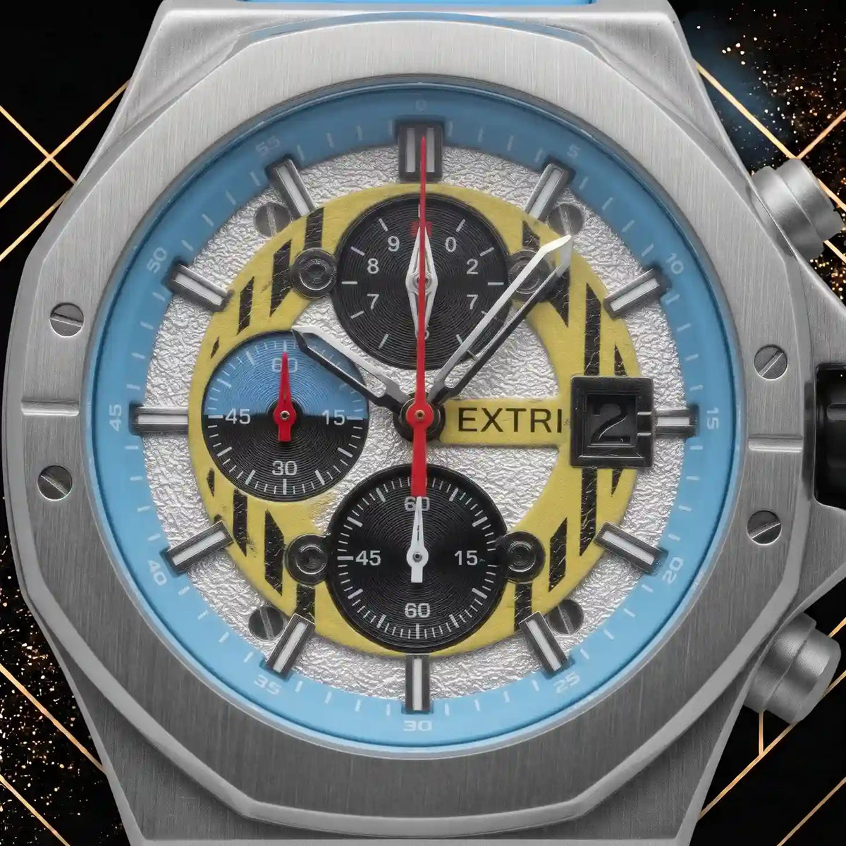 Macro close-up view highlighting the dial details of the Extri watch.