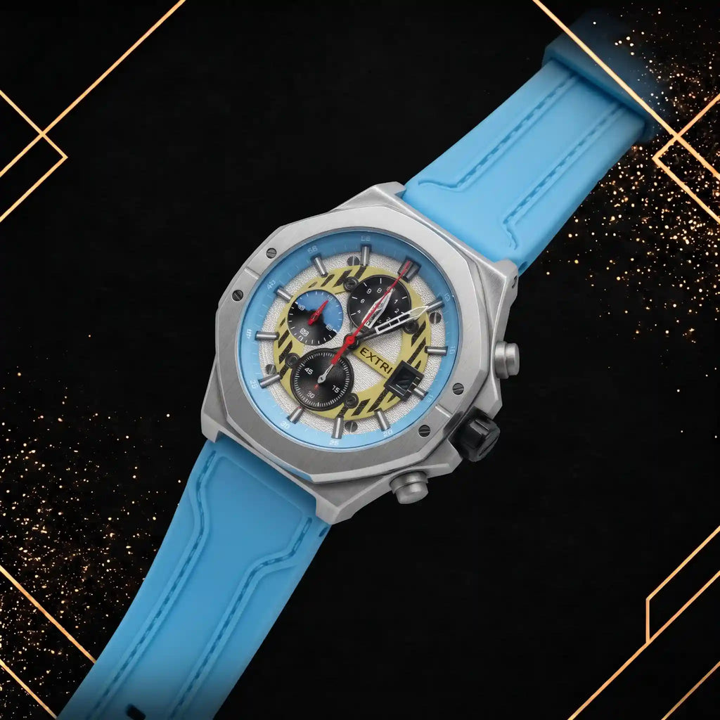 Diagonal angled view of the Extri chronograph watch on a black and gold background.