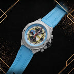Diagonal angled view of the Extri chronograph watch on a black and gold background.