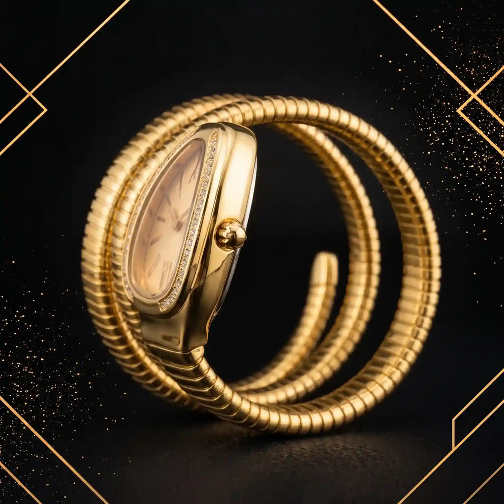 Detailed side profile view of luxury gold serpent wristwatch showing case thickness, winding crown, and ribbed coil bracelet.