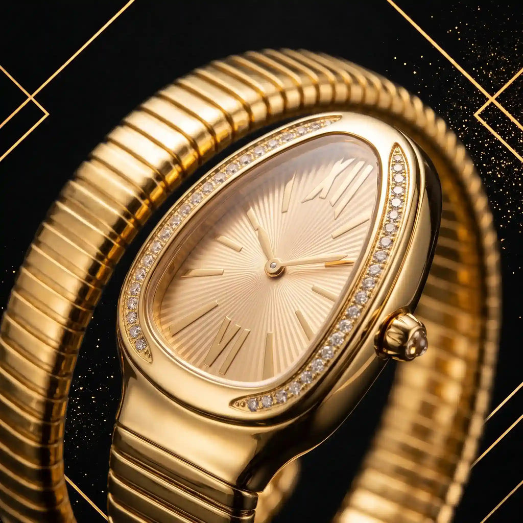 Macro close-up shot of the champagne sunburst oval dial, Roman numeral hour markers, and crystal bezel on luxury gold watch.