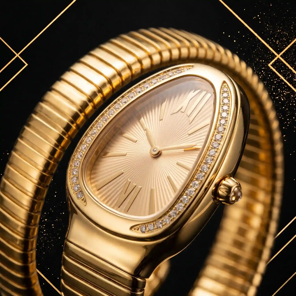 Macro close-up shot of the champagne sunburst oval dial, Roman numeral hour markers, and crystal bezel on luxury gold watch.