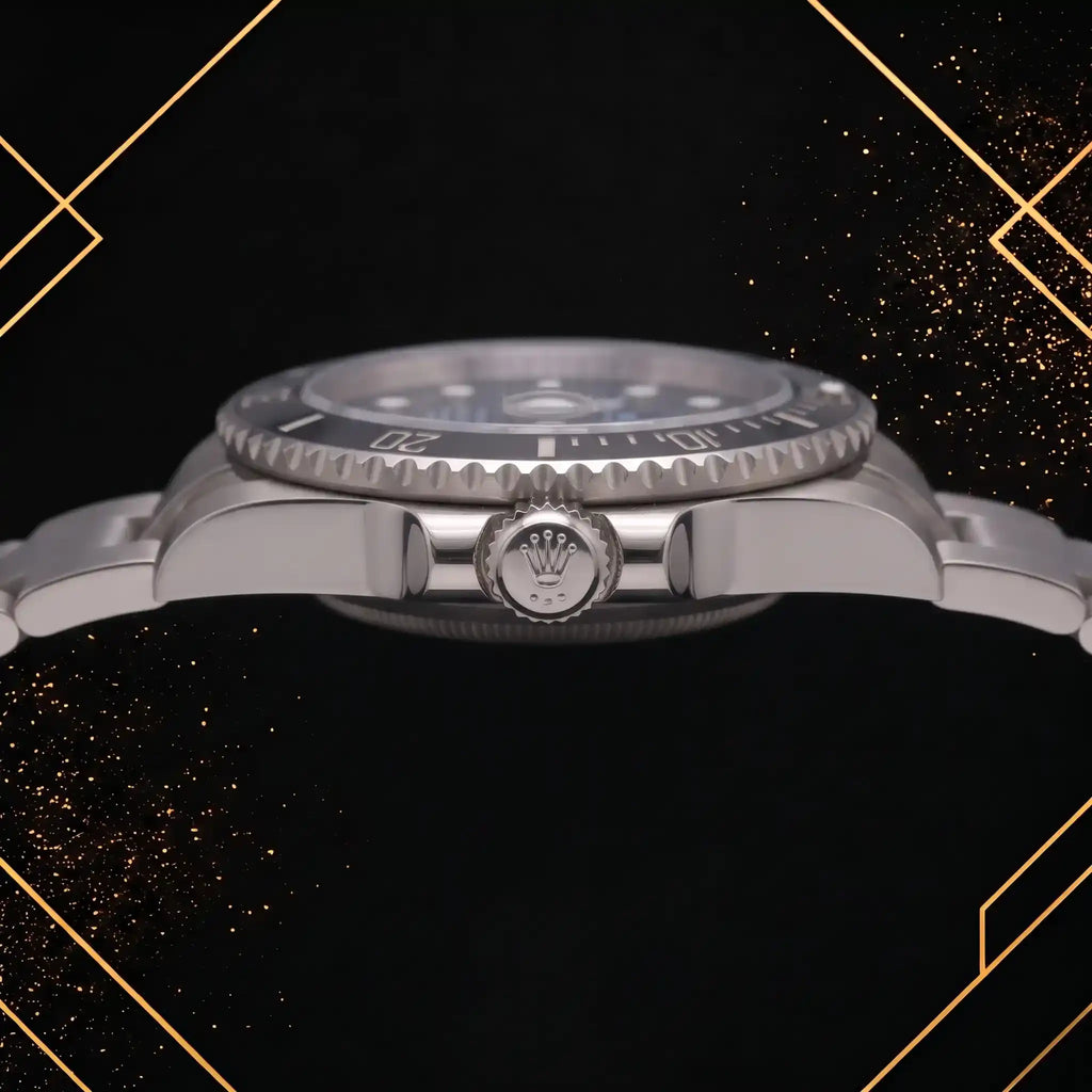 Side profile view of a luxury Rolex watch showcasing the detailed crown logo, bezel, and metallic case against a dark background with gold geometric frames