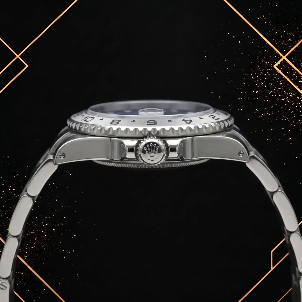 Horizontal side view of a steel wristwatch showing the knurled winding crown, case thickness, grooved bezel edge, and bracelet links.