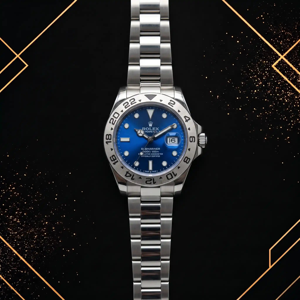 Front centered view of a Rolex Submariner watch with a vibrant blue sunburst dial, engraved stainless steel bezel, date cyclops window, and steel oyster bracelet on a dark patterned background.