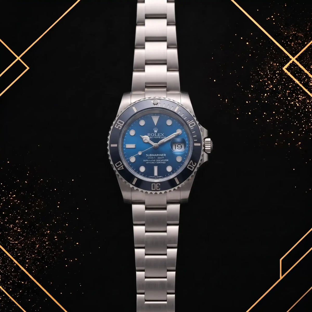 Rolex Submariner stainless steel watch featuring a blue dial, blue rotating bezel, silver bracelet, and date display – front view