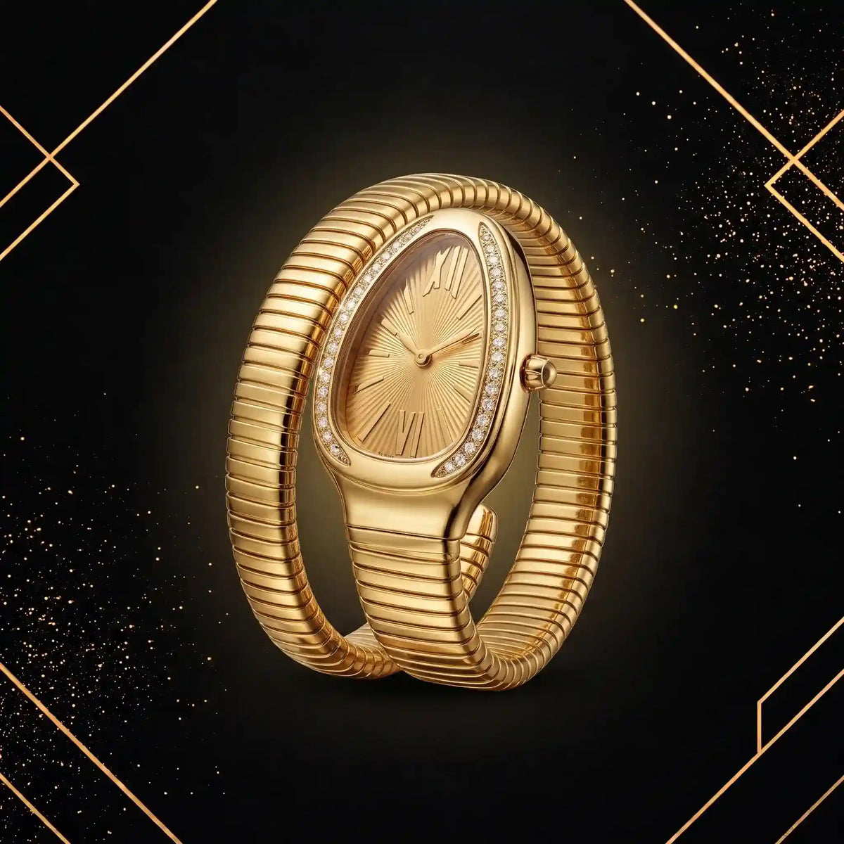 Three-quarter angle perspective of an elegant women's gold snake bracelet watch showing the ribbed band and crystal-studded bezel.