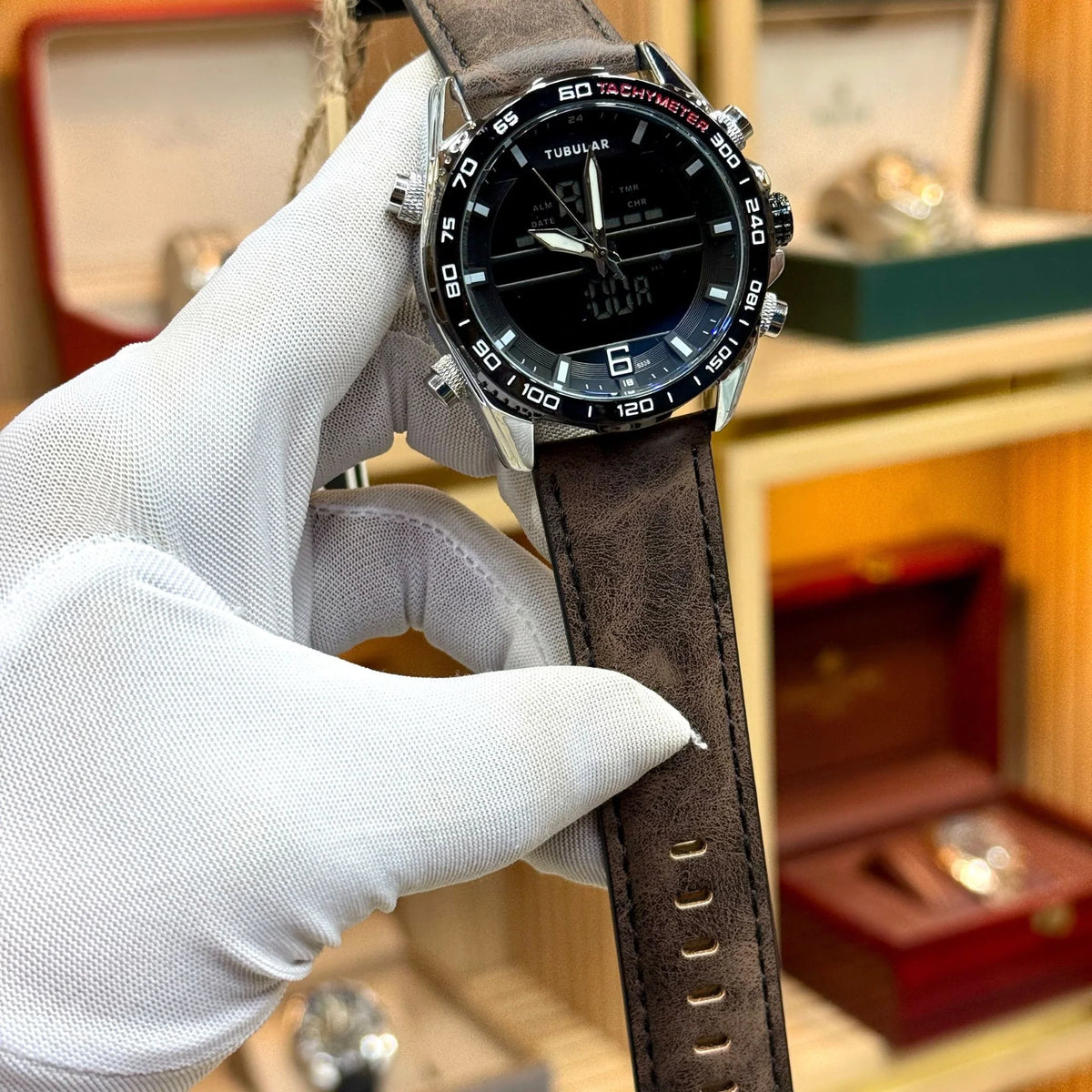 TUBULAR chronograph watch with digital display and leather strap