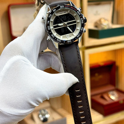 TUBULAR men's chronograph watch with black dial and leather strap