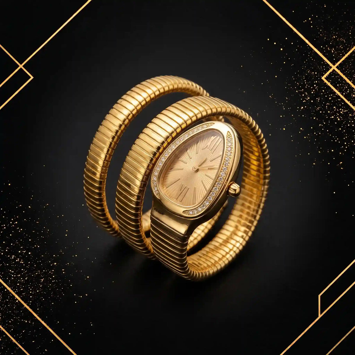 Top-down diagonal commercial photograph of gold snake wrap watch with champagne sunburst dial on luxury geometric background.