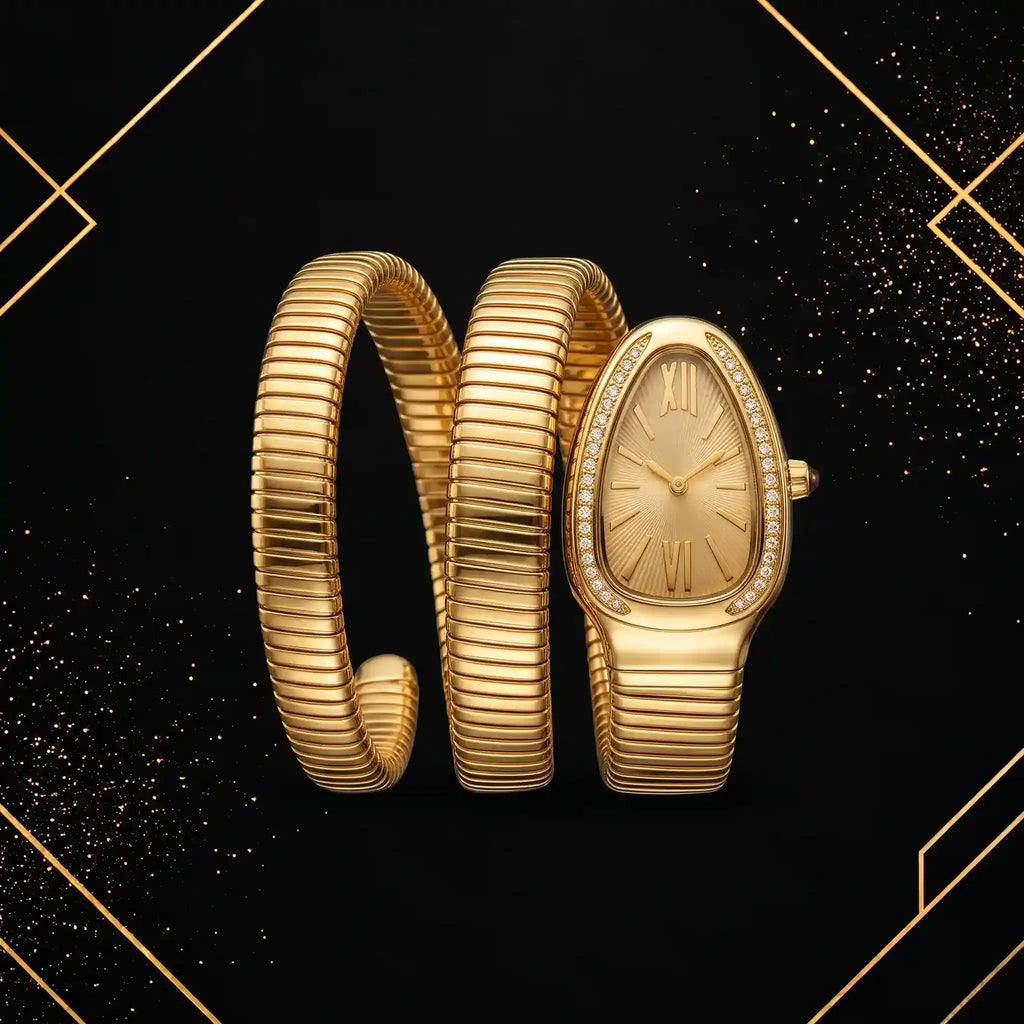 Front view of luxury women's serpent gold coiled bracelet watch with champagne oval dial, Roman numerals, and crystal bezel.