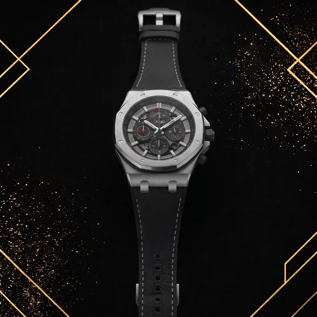 Sophisticated diagonal view of the XTRI luxury watch displayed on a textured black and gold abstract background with metallic gold geometric framing