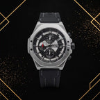 XTRI men's luxury chronograph watch featuring a silver and black skeleton dial, brushed octagonal stainless steel case, and black silicone strap with white contrast stitching