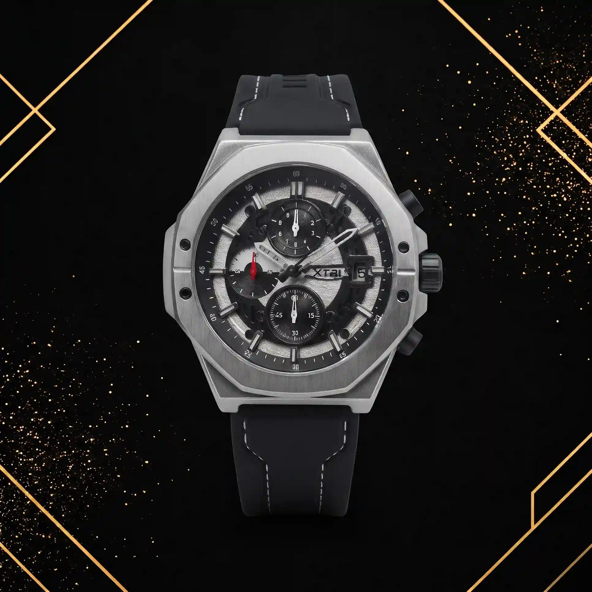XTRI men's luxury chronograph watch featuring a silver and black skeleton dial, brushed octagonal stainless steel case, and black silicone strap with white contrast stitching