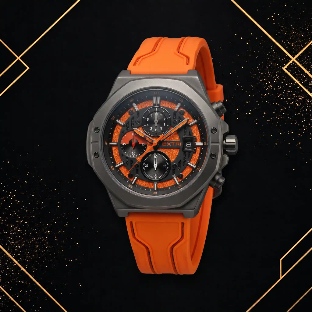45-degree angled view of EXTRI sports luxury watch showcasing matte gunmetal case, sub-dials, and bright orange strap