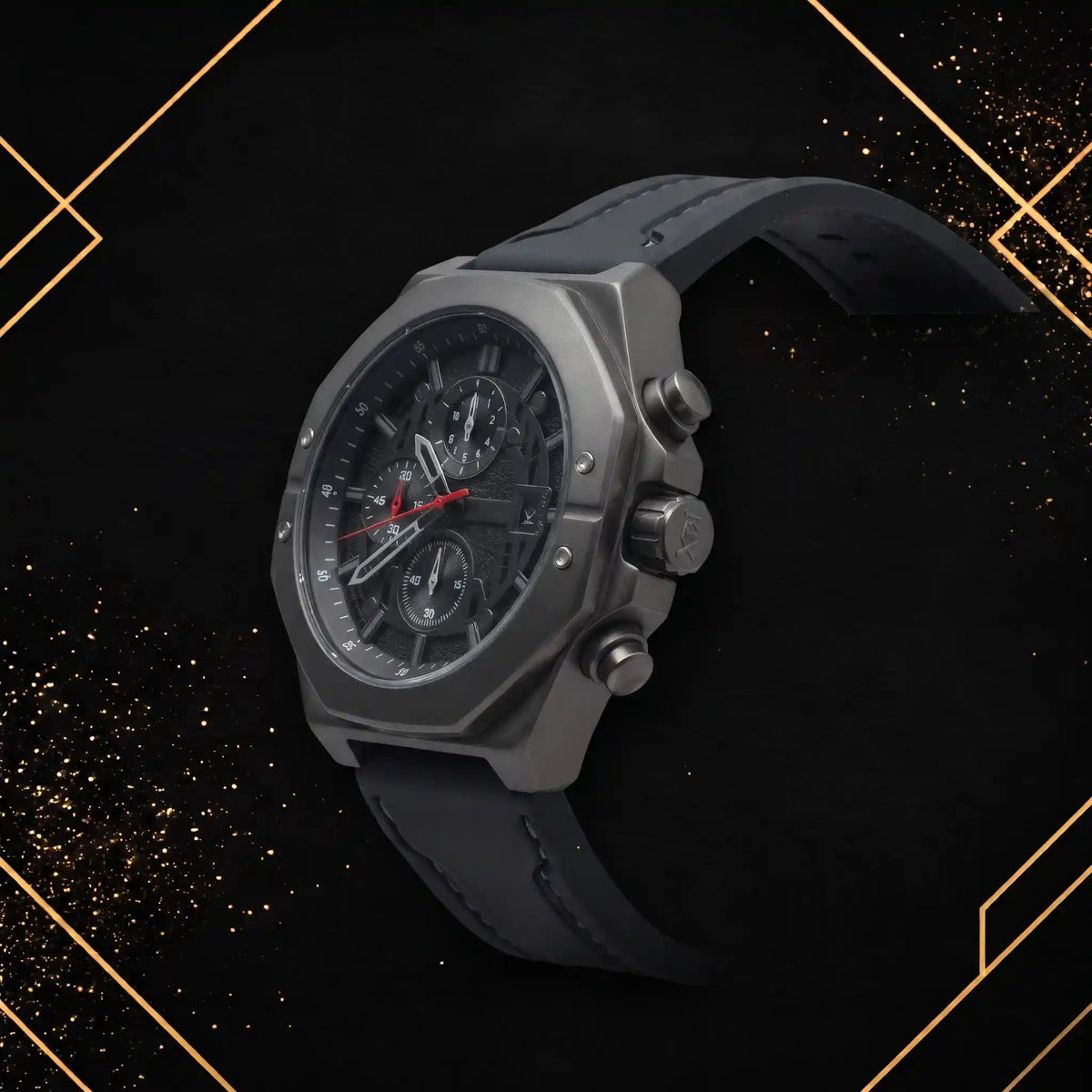 Side-angle view of the XTRI luxury watch showing the detailed crown, chronograph pushers, and matte gunmetal case finishing.