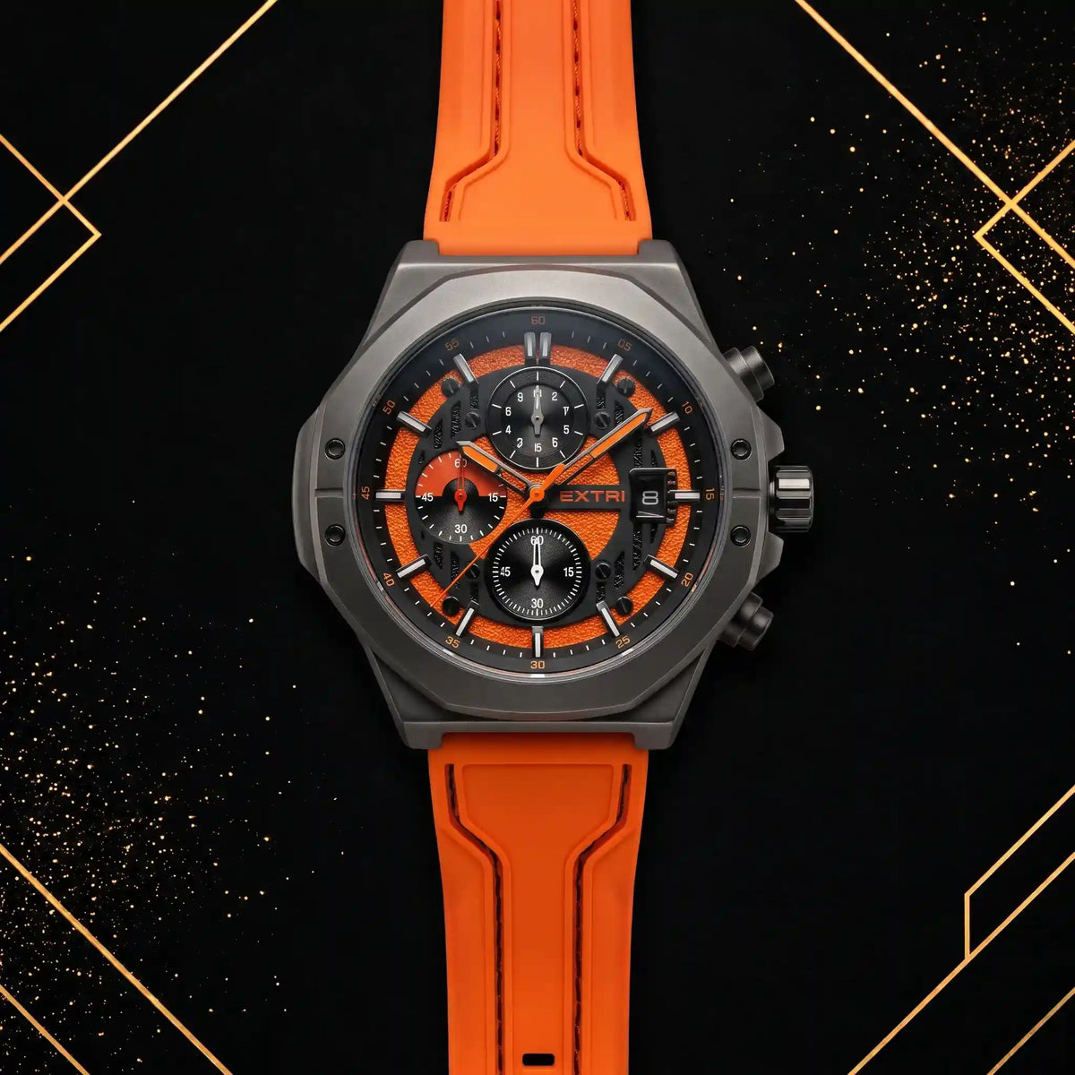 XTRI luxury men's chronograph watch with black and textured orange dial, gunmetal case, and orange silicone strap - front view