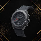 Three-quarter 45-degree angle view of the XTRI luxury sports chronograph watch highlighting case depth and premium black strap.