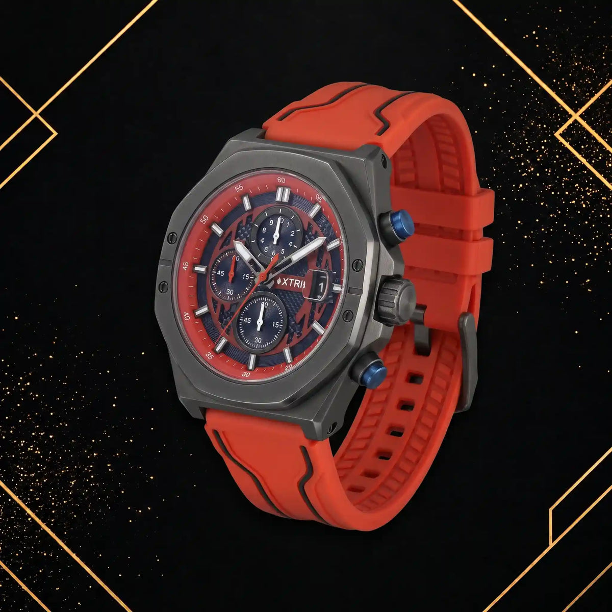 45-degree angle view of XTRI luxury men's chronograph watch highlighting case contours, dial depth, and red strap on an elegant black and gold background.
