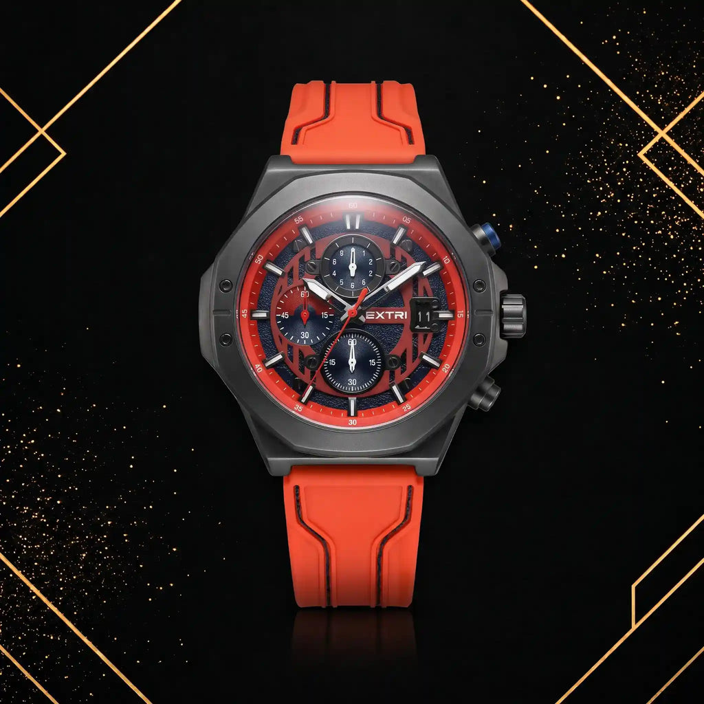 XTRI men's sports chronograph watch front view with black angular case, dark textured dial, and bright red silicone strap against luxury black and gold background.
